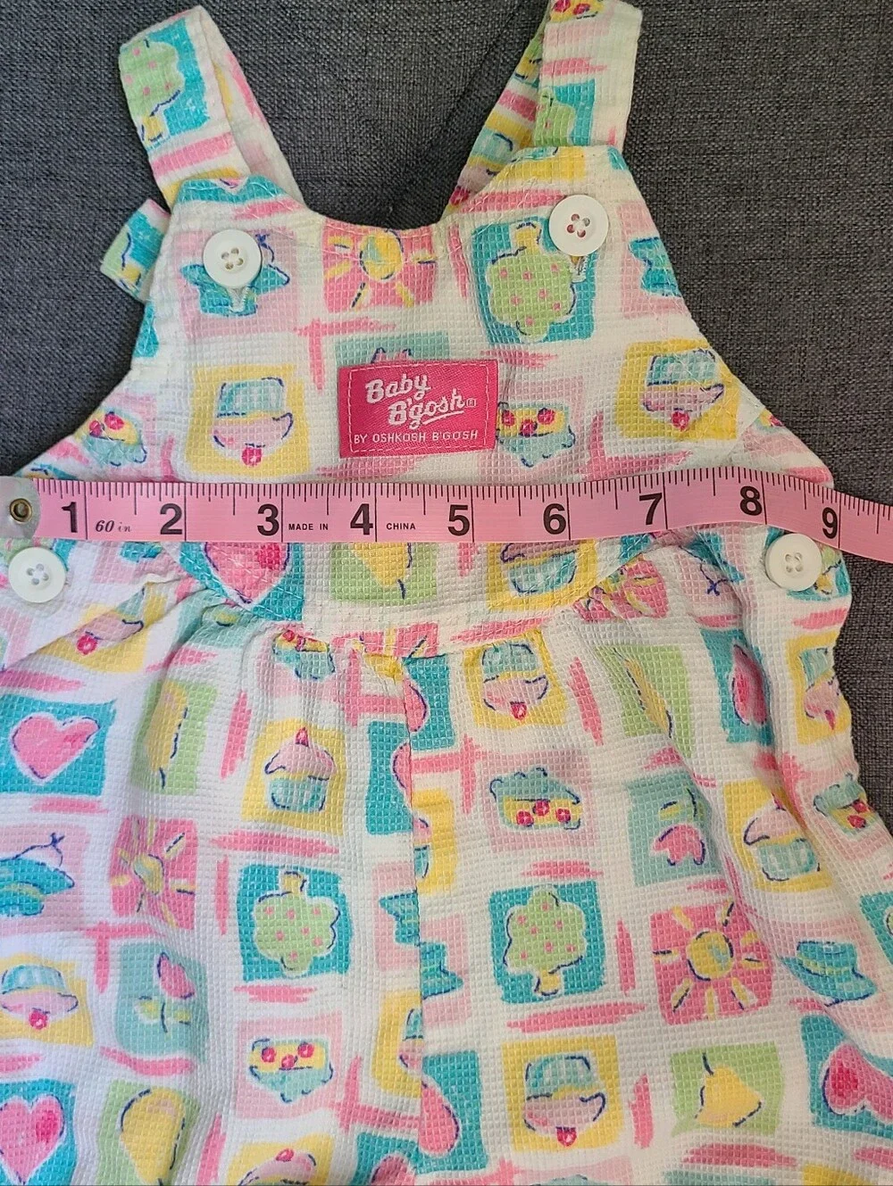 Vtg Oshkosh Baby B’Gosh Vestbak Overalls Bubble Romper Girls 3/6M Heart Flower